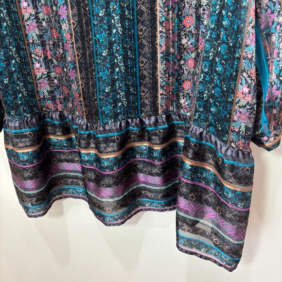 Soft Surroundings Tunic Dress L Striped Black Multi Chiffon Folksy Floral Boho - Picture 3 of 10